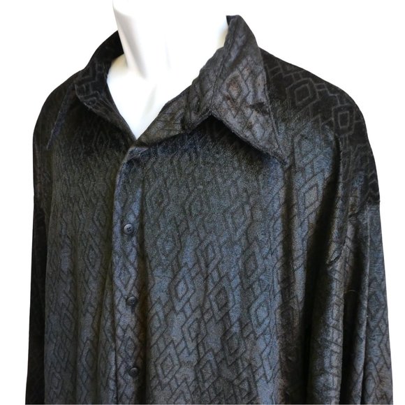 Vintage 70s Hutspah Disco Shirt Dagger Collar Black Diamond Velveteen USA XL